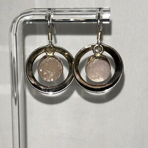 Sterling Silver Circle & Genuine Blush Druzy Quartz Shepherd’s Hook Earrings